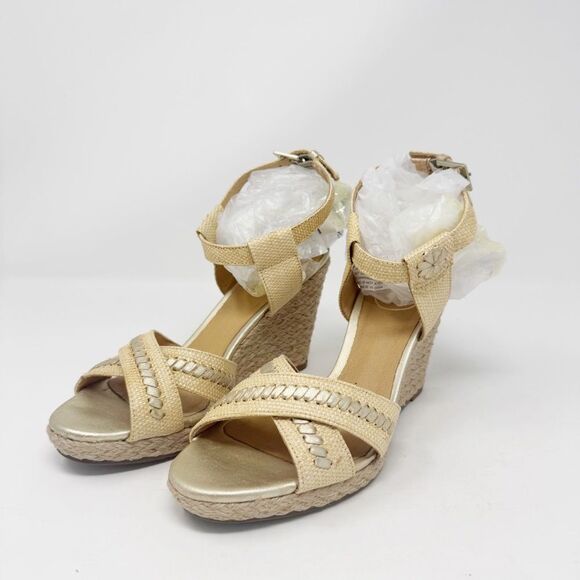 JACK ROGERS | Tan & Gold Wedge Espadrille Sandals Women’s Size 6 - Picture 1 of 12